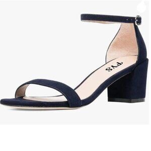 FYS Navy Open Toe Ankle Strap Sandals Chunky Heel Suede Strappy Buckled Shoes